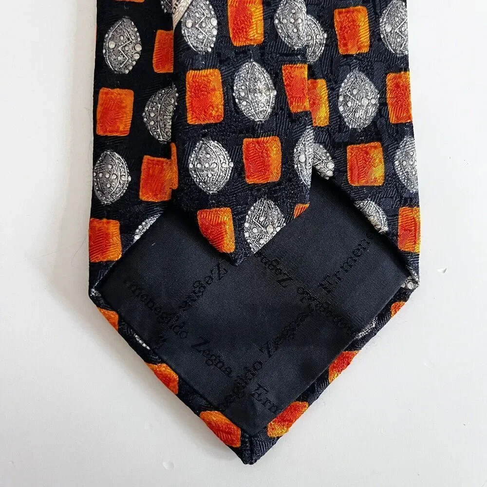 Ermenegildo Zegna 100% Silk Tie Black Orange Print Made in Italy Men's